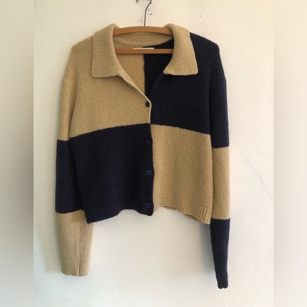 Oak + Fort Sweater Women's Size S Cardigan Blue and Light Brown Long Sleeve